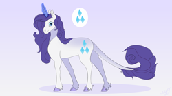 Size: 1934x1080 | Tagged: safe, artist:dwagons8, rarity, classical unicorn, pony, unicorn, g4, cloven hooves, female, glowing horn, horn, leonine tail, mare, simple background, smiling, solo, unshorn fetlocks