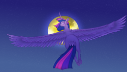 Size: 2560x1440 | Tagged: safe, artist:dwagons8, twilight sparkle, alicorn, pony, g4, blush sticker, blushing, female, from behind, full moon, looking at you, looking back, looking back at you, mare, moon, night, signature, sky, smiling, solo, spread wings, tail feathers, twilight sparkle (alicorn), wings