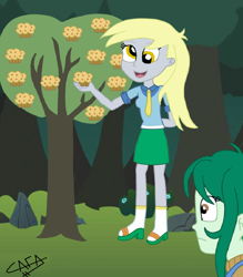 Size: 888x1013 | Tagged: safe, artist:cafakero, derpy hooves, wallflower blush, equestria girls, g4, derpy being derpy, disbelief, duo, female, food, forest, muffin, open mouth, smiling, tree