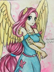 Size: 900x1200 | Tagged: safe, artist:astevenamedwolf, fluttershy, equestria girls, g4, my little pony equestria girls: better together, female, geode of fauna, large wings, magical geodes, ponied up, pony ears, solo, traditional art, watercolor painting, wings