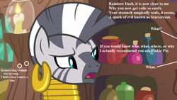 Size: 1280x720 | Tagged: safe, edit, edited screencap, editor:korora, screencap, zecora, g4, it isn't the mane thing about you, death battle, dialogue, ear piercing, earring, implied death, implied pinkie pie, implied rainbow dash, implied resurrection, implied starscream, implied twilight sparkle, jewelry, piercing, thinking, zecora's hut