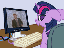 Size: 800x600 | Tagged: safe, artist:skookz, twilight sparkle, human, pony, unicorn, g4, angry, animated, chair, computer, desk, drawthread, ears back, female, gif, keyboard, looking back, mare, monitor, rick astley, rickroll, sitting, solo, twilight sparkle is not amused, unamused, wires