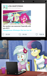 Size: 644x1024 | Tagged: safe, artist:the-butch-x, edit, bon bon, derpy hooves, lyra heartstrings, pinkie pie, sweetie drops, equestria girls, g4, i'm on a yacht, my little pony equestria girls: better together, bon bon is not amused, computer, jealous, meta, twitter, unamused