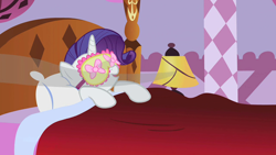 Size: 1280x720 | Tagged: safe, screencap, rarity, g4, sisterhooves social, bed, carousel boutique, cute, lamp, raribetes, scent, sleep mask, sleeping