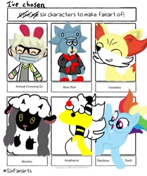 Size: 1004x1200 | Tagged: safe, artist:pokefan192, rainbow dash, bear, fennekin, human, pegasus, pony, wooloo, anthro, g4, animal crossing, anthro with ponies, bust, clothes, crossover, eyes closed, face mask, female, glasses, male, mare, mask, mega ampharos, older, older rainbow dash, open mouth, pokémon, rick and morty, rick sanchez, robes, sandals, six fanarts, smiling, villager