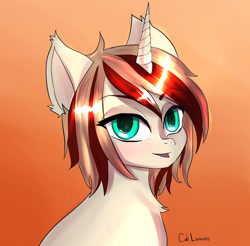 Size: 1842x1813 | Tagged: safe, artist:cali luminos, oc, oc only, oc:blazing bullet, pony, unicorn, androgynous, androgynous male, brown mane, chest fluff, colored pupils, eye clipping through hair, eyebrows, eyebrows visible through hair, gradient background, green eyes, horn, looking at you, male, open mouth, signature, smiling, solo