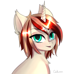 Size: 1842x1813 | Tagged: safe, alternate version, artist:cali luminos, oc, oc only, oc:blazing bullet, pony, unicorn, androgynous, androgynous male, brown mane, chest fluff, colored pupils, eye clipping through hair, eyebrows, eyebrows visible through hair, green eyes, horn, looking at you, male, open mouth, signature, simple background, smiling, solo, transparent background