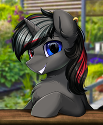 Size: 1446x1764 | Tagged: safe, artist:pridark, oc, oc only, pony, unicorn, bust, chest fluff, commission, cute, handsome, heterochromia, looking at you, male, portrait, smiling, solo