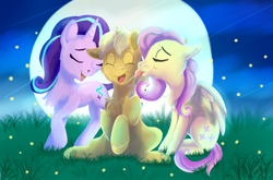 Size: 3481x2300 | Tagged: safe, artist:ryla, fluttershy, starlight glimmer, oc, oc:sunlight bolt, pegasus, pony, unicorn, g4, canon x oc, female, glimmbolt, high res, licking, love, male, mare, moon, night, shipping, stallion, tongue out