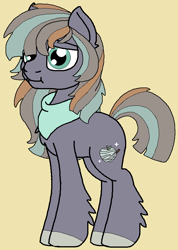 Size: 612x860 | Tagged: safe, artist:rosefang16, oc, oc only, oc:stalagmite apple, earth pony, pony, :t, bandana, colt, hoof fluff, male, offspring, parent:big macintosh, parent:marble pie, parents:marblemac, simple background, solo, yellow background
