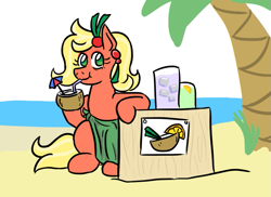Size: 737x537 | Tagged: safe, artist:jargon scott, oc, oc only, oc:bahama nectar, earth pony, pony, beach, cocktail umbrella, coconut, coconut cup, drink, drinking, drinking straw, ear piercing, female, food, hair accessory, herbivore, hoof hold, ice, juice, mare, mature, ocean, palm tree, picture, piercing, sand, sarong, sitting, smiling, solo, tree, water