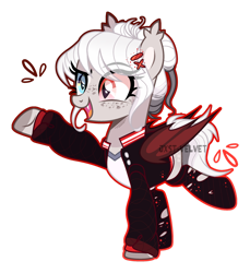 Size: 1280x1396 | Tagged: safe, artist:jxstvelvet, artist:mint-light, oc, oc only, oc:red velvet (jxstvelvet), bat pony, pony, base used, clothes, eye clipping through hair, female, freckles, heterochromia, jacket, mare, obtrusive watermark, open mouth, raised hoof, raised leg, simple background, smiling, solo, transparent background, varsity jacket, watermark