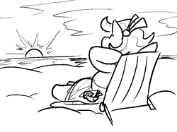 Size: 843x630 | Tagged: safe, artist:jargon scott, oc, oc only, oc:bahama nectar, earth pony, pony, arm behind head, beach, beach chair, black and white, chair, female, grayscale, hair accessory, lounging, mare, monochrome, sand, sarong, solo, sun, sunset, water