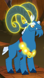 Size: 585x1026 | Tagged: safe, screencap, grogar, sheep, g4, the ending of the end, antagonist, cloven hooves, colored hooves, eyebrows, glowing horn, horn, horns, magic, male, ram, solo, surprised