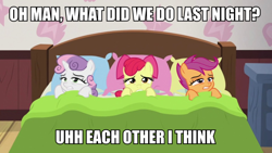 Size: 900x506 | Tagged: safe, edit, edited screencap, screencap, apple bloom, scootaloo, sweetie belle, pony, unicorn, g4, growing up is hard to do, bed, caption, cutie mark crusaders, female, filly, image macro, implied foalcon, implied group sex, implied sex, implied threesome, pillow, text