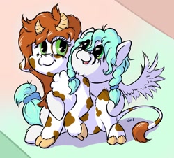 Size: 1280x1156 | Tagged: safe, artist:daisyminttea, oc, oc only, oc:dinty gadget, oc:glassy sky, cow, pegasus, pony, cow oc, female, horns, hug, mare, pegasus oc, simple background, sketch, wings
