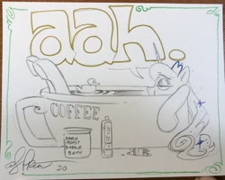 Size: 2048x1642 | Tagged: safe, artist:andypriceart, princess luna, alicorn, pony, g4, bath, bathtub, coffee, female, godot, lidded eyes, luna found the coffee, mare, relaxing, rubber duck, smiling, solo, traditional art