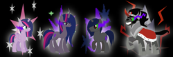 Size: 1929x641 | Tagged: safe, artist:mlpmoonstar, artist:selenaede, king sombra, twilight sparkle, oc, oc:prince shadow fire, oc:princess shadow sparkle, alicorn, pony, unicorn, g4, alternate universe, base artist:selenaede, base used, base:selenaede, bevor, black background, boots, cape, chestplate, clothes, corrupted, corrupted twilight sparkle, crown, curved horn, cutie mark, cutie mark background, dark, dark equestria, dark magic, dark queen, dark twilight, dark twilight sparkle, dark world, darklight, darklight sparkle, deathverse, duo, evil twilight, female, gorget, helmet, hoof shoes, horn, jewelry, magic, male, necklace, offspring, parent:king sombra, parent:twilight sparkle, parents:twibra, peytral, possessed, queen of shadows, queen twilight, queen twilight sparkle, regalia, robe, ship:twibra, shipping, shoes, simple background, sombra empire, sombra eyes, sombra's cape, sombra's cutie mark, sombra's robe, straight, tiara, twilight is anakin, twilight sparkle (alicorn), tyrant sparkle