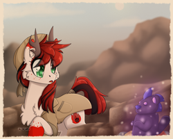 Size: 2500x2000 | Tagged: safe, artist:lionbun, oc, oc only, oc:moondust, deer, deer pony, original species, archaeology, clothes, commission, hat, high res, jacket, mountain, scenery, solo, statue