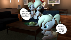 Size: 1280x720 | Tagged: safe, artist:dragonsam98, oc, oc:aryanne, oc:franziska, oc:kyrie, oc:luftkrieg, earth pony, pegasus, pony, unicorn, 3d, alcohol, angry, comic, computer, couch, crossed arms, cute, dialogue, family, female, filly, food, herbivore, mare, mother and child, mother and daughter, pineapple, pouting, remote, sitting, source filmmaker