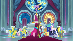 Size: 1920x1080 | Tagged: safe, screencap, applejack, discord, fluttershy, jade barricade, pinkie pie, princess celestia, princess luna, rainbow dash, rarity, silver sable, spike, twilight sparkle, alicorn, dragon, earth pony, pegasus, pony, unicorn, g4, the ending of the end, butt, female, male, mane six, mare, nose in the air, plot, royal guard, royal sisters, siblings, sisters, stallion, throne, twilight sparkle (alicorn), unicorn royal guard, unnamed character, unnamed pony, winged spike, wings
