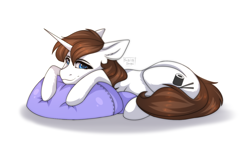 Size: 1334x782 | Tagged: safe, oc, oc:flower star, pony, unicorn, brown mane, cute, female, hug, lying down, mare, pillow, pillow hug, ponies in food, ponies in sushi, sapphire eyes, simple background, smiling at you, sushi, sushi cutiemark, white background, white coat