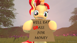 Size: 1280x720 | Tagged: safe, artist:batponyecho, sunset shimmer, pony, unicorn, g4, 3d, female, grass, horn, looking at you, mare, sky, solo, source filmmaker, text, tree