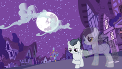 Size: 2500x1425 | Tagged: safe, artist:jawsandgumballfan24, rumble, oc, ghost, undead, g4, colt, female, male, mare in the moon, moon, mother and child, mother and son, night, ponyville, sad, twilight's castle