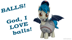 Size: 1280x720 | Tagged: safe, artist:batponyecho, oc, oc only, oc:moonshot, bat pony, pony, 3d, baseball, baseball cap, bat pony oc, bat wings, cap, clothes, costume, fangs, hat, male, mouth hold, open mouth, simple background, solo, source filmmaker, sports, spread wings, stallion, tail, text, white background, wings