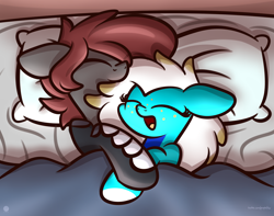 Size: 3250x2560 | Tagged: dead source, safe, artist:php142, oc, oc only, oc:artfulcord, oc:lollia, pegasus, pony, amputee, bed, commission, cuddling, cute, high res, pegasus oc, pillow, prosthetic leg, prosthetic limb, prosthetics, shipping, sikan pegasus, snuggling, wings