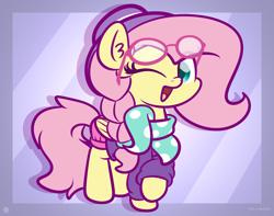Size: 3250x2560 | Tagged: dead source, safe, artist:php142, fluttershy, pegasus, pony, g4, alternate hairstyle, bandana, clothes, cute, ear fluff, fedora, female, glasses, hat, high res, hipstershy, mare, one eye closed, open mouth, raised hoof, shorts, shyabetes, solo, sweater, wink, woke