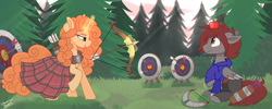 Size: 5000x2000 | Tagged: safe, artist:liquorice_sweet, oc, oc only, oc:artfulcord, oc:arucordu, oc:highland spring, pegasus, pony, :p, amputee, apple, arrow, bow, bow (weapon), clothes, clothes on pony, dress, food, grin, nervous, pegasus oc, prosthetic leg, prosthetic limb, prosthetics, quiver, scared, sikan pegasus, smiling, target, this will end in tears, tongue out, tree, wings