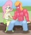 Size: 1024x1138 | Tagged: safe, artist:pepper-stripes, big macintosh, fluttershy, earth pony, anthro, plantigrade anthro, g4, boots, clothes, equestria girls outfit, female, jeans, male, muscles, muscular male, nail polish, pants, partial nudity, ship:fluttermac, shipping, shirt, shoes, skirt, straight, straw in mouth, suspenders, topless