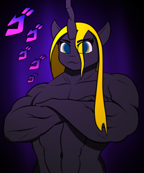 Size: 1500x1807 | Tagged: safe, artist:ob2908, oc, oc only, oc:zalolza, changeling, anthro, jojo reference, jojo's bizarre adventure, menacing, muscles, solo, yellow changeling, ゴ ゴ ゴ