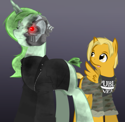 Size: 735x714 | Tagged: safe, artist:askmerriweatherauthor, oc, oc:meadow lark (ask merriweather), oc:merriweather, pegasus, pony, unicorn, ask merriweather, crossover, female, mare, terminator 2, the terminator