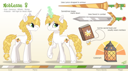 Size: 4500x2500 | Tagged: safe, artist:liquorice_sweet, oc, oc:noblesse oblige, pony, unicorn, blonde mane, book, charm, cutie mark, fantasy class, female, fetlock tuft, green eyes, jewelry, knight, lance, lantern, necklace, paladin, reference sheet, sword, warrior, weapon, white coat