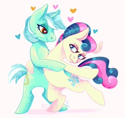 Size: 1280x1212 | Tagged: safe, artist:victoriahwinter, bon bon, lyra heartstrings, sweetie drops, earth pony, pony, unicorn, g4, the last problem, alternate hairstyle, bipedal, dancing, duo, female, floating heart, heart, heart eyes, lesbian, lidded eyes, looking at each other, older bon bon, older lyra heartstrings, ship:lyrabon, shipping, simple background, standing, standing on one leg, wingding eyes