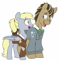 Size: 3738x3865 | Tagged: safe, artist:chub-wub, derpy hooves, doctor whooves, time turner, earth pony, pegasus, pony, g4, alternate hairstyle, bowtie, clothes, duo, female, glasses, high res, male, older, older derpy hooves, older doctor whooves, open mouth, raised hoof, ship:doctorderpy, shipping, shirt, simple background, straight, sweater, sweater vest, vest, white background