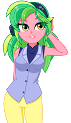 Size: 806x1388 | Tagged: safe, artist:rosemile mulberry, lemon zest, equestria girls, g4, alternate clothes, alternate hairstyle, clothes, cute, eyeshadow, female, hand on head, headphones, makeup, pants, raised eyebrow, simple background, solo, transparent hair, vest, white background, zestabetes
