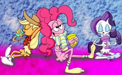 Size: 1135x704 | Tagged: safe, artist:spongefox, applejack, pinkie pie, rarity, g4, bedroom eyes, chocolate, clothes, crossover, cute, drinking, eyes closed, food, hot chocolate, scarf, socks, wander over yonder, winter