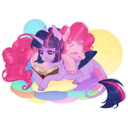 Size: 1080x1080 | Tagged: safe, artist:sadelinav, pinkie pie, twilight sparkle, alicorn, earth pony, pony, g4, alternate hairstyle, book, colored hooves, cute, duo, duo female, eyes closed, female, folded wings, leonine tail, lesbian, looking at something, lying down, mare, pillow, pony pile, prone, reading, ship:twinkie, shipping, short mane, simple background, sleeping, smiling, sparkles, sparkling mane, three quarter view, twilight sparkle (alicorn), two toned wings, white background, wings