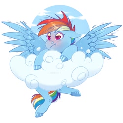 Size: 1080x1080 | Tagged: safe, artist:sadelinav, rainbow dash, pegasus, pony, g4, :t, blushing, cloud, colored hooves, female, floppy ears, looking away, mare, on a cloud, simple background, sky, solo, spread wings, three quarter view, white background, wings