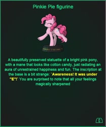 Size: 505x605 | Tagged: safe, artist:dipfanken, pinkie pie, earth pony, pony, fallout equestria, game: fallout equestria: remains, g4, figurine, game, game screencap, ministry mares statuette, solo, text