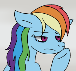 Size: 618x579 | Tagged: safe, artist:cmara, rainbow dash, pegasus, pony, g4, bags under eyes, exhausted, female, gray background, mare, raised hoof, simple background, solo