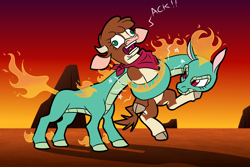 Size: 1800x1200 | Tagged: safe, artist:thescornfulreptilian, arizona (tfh), tianhuo (tfh), cow, dragon, hybrid, longma, rokurokubi, them's fightin' herds, are you frustrated?, arizona is not amused, bandana, cloven hooves, coiling, community related, constriction, derp, duo, female, long neck, meme, prehensile neck, squeezing