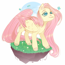 Size: 900x900 | Tagged: safe, artist:sadelinav, fluttershy, butterfly, pegasus, pony, g4, colored hooves, cute, dirt cube, female, floating island, folded wings, lidded eyes, looking at something, looking up, mare, shyabetes, simple background, solo, standing, three quarter view, two toned wings, watermark, white background, wings