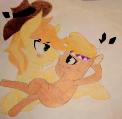 Size: 1799x1749 | Tagged: safe, artist:raindasher14, braeburn, little strongheart, bison, buffalo, earth pony, pony, g4, blushing, female, male, nuzzling, photo, ship:braeheart, shipping, straight, traditional art