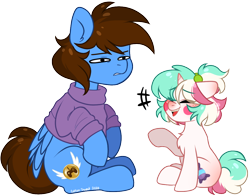 Size: 1118x873 | Tagged: safe, artist:cottonsweets, oc, oc:cottonsweets, oc:pegasusgamer, pegasus, pony, unicorn, chest fluff, clothes, confused, eyes closed, happy, horn, simple background, sitting, sweater, transparent background, wings