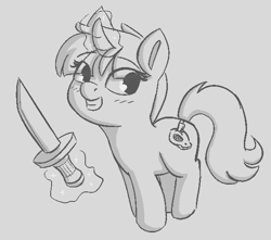 Size: 578x510 | Tagged: safe, artist:heretichesh, pony, unicorn, blushing, dagger, female, filly, grin, knife, magic, magic aura, skull, smiling, solo, suspicious, weapon