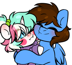 Size: 1320x1200 | Tagged: safe, artist:cottonsweets, oc, oc:cottonsweets, oc:pegasusgamer, pegasus, pony, unicorn, blushing, clothes, eyes closed, happy, horn, hug, male, pegasus oc, redesign, simple background, stallion, sweater, transparent background, unicorn oc, wings